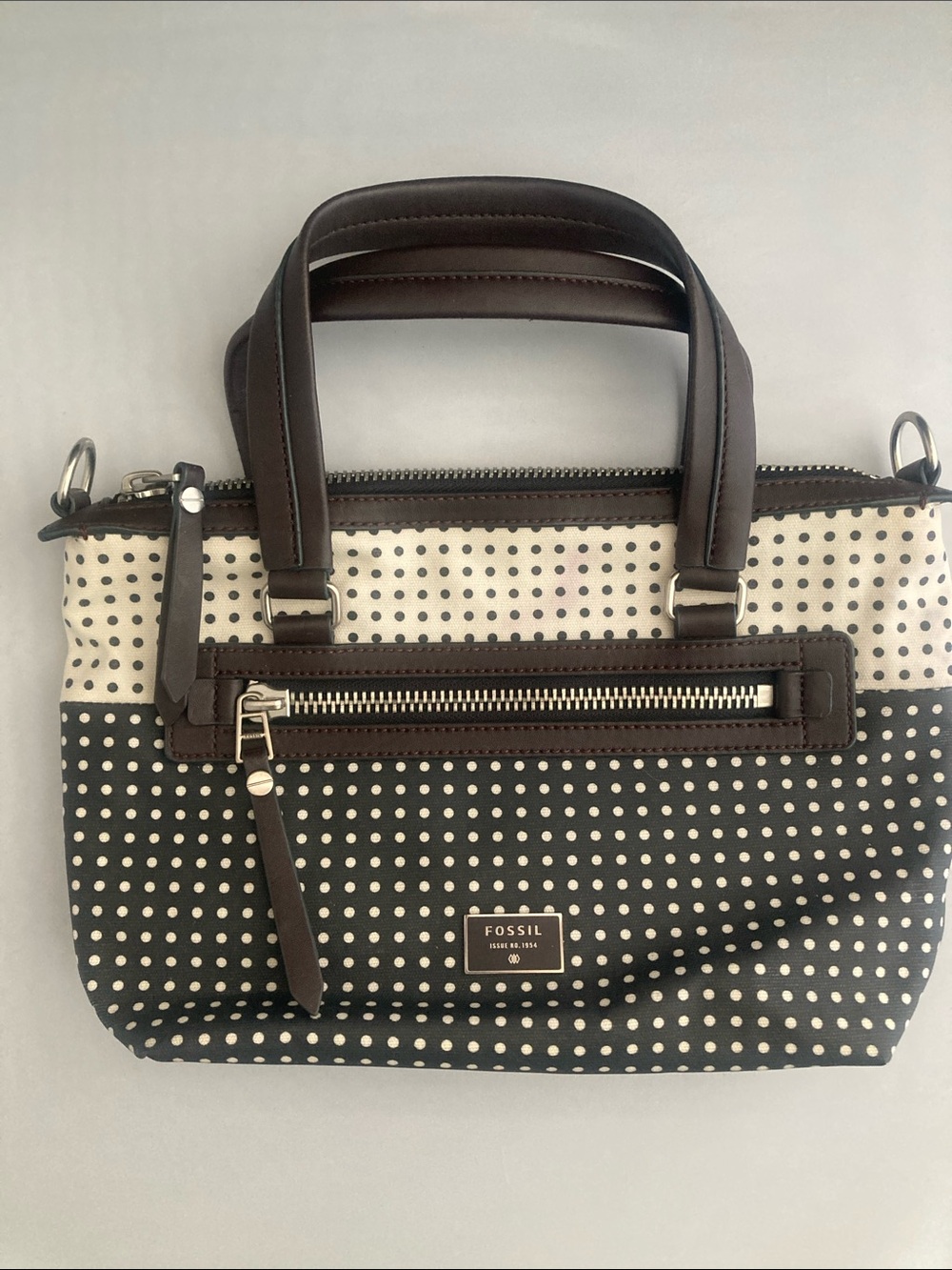Fossil Two-Tone Polka Dot Satchel in Black and Cream